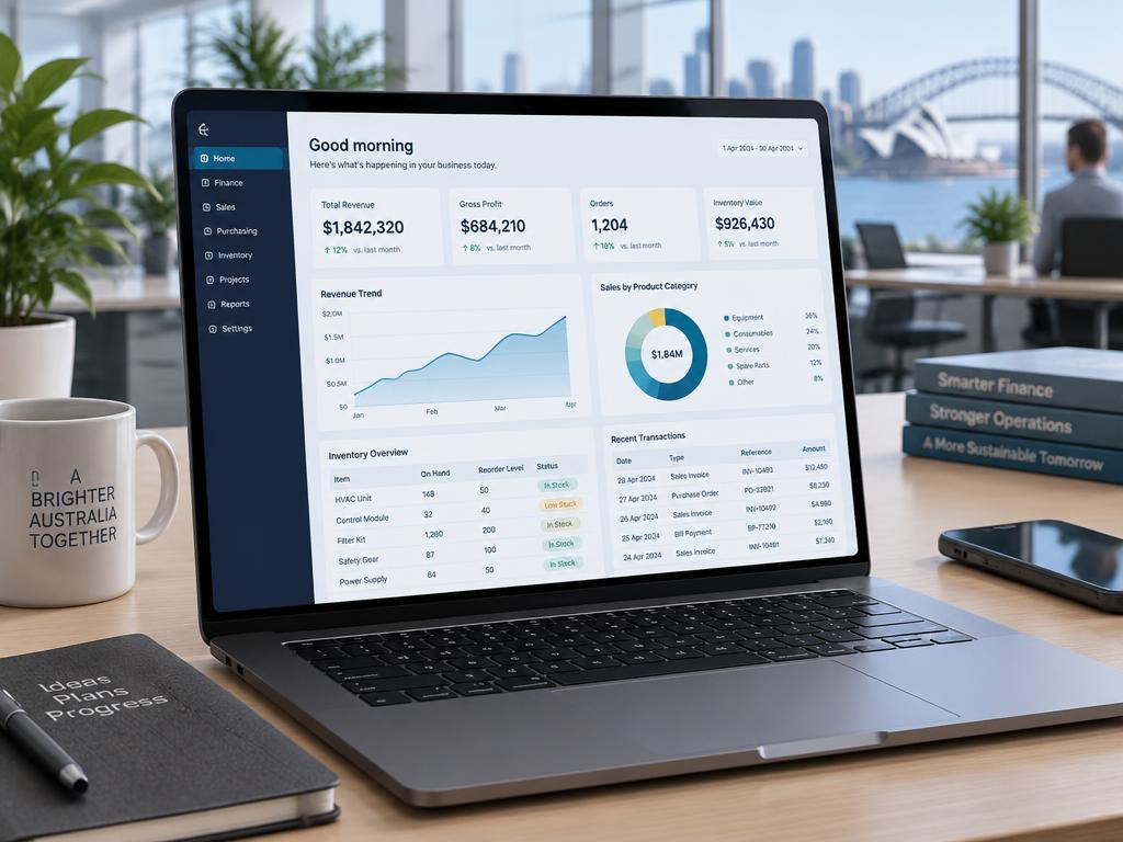 MYOB Acumatica revenue dashboard on a laptop